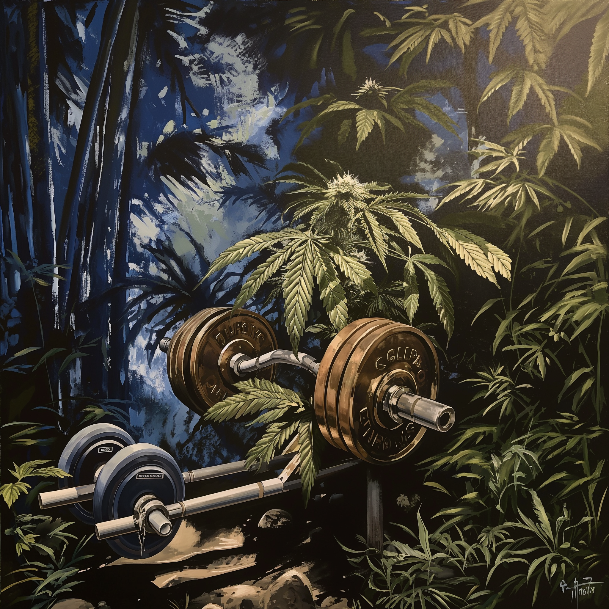 Kuvituskuva, jossa yhdistyvät kuntosalipainot ja hamppukasvit; esittelee CBD-tuotteita urheiluun, kuten kylmägeelejä ja lämpögeelejä lihasten palautumiseen.