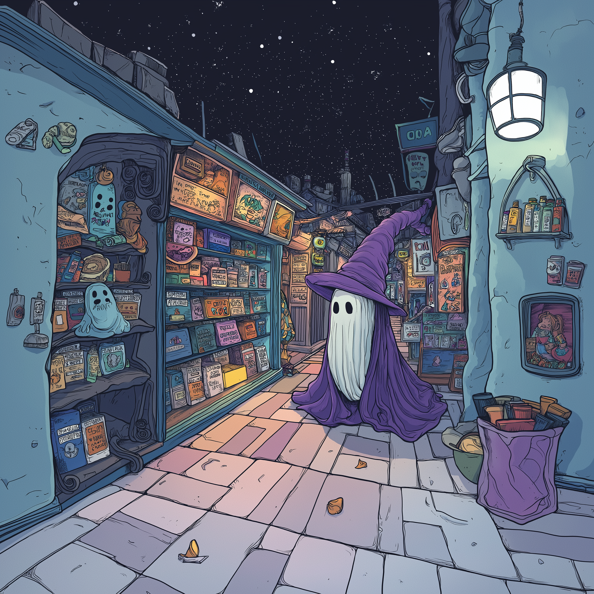 Kuvituskuva pitkästä haamuhahmosta purppuraisessa velhon hatussa seisomassa yöllisellä Ghost Town Seeds -kadulla tarvikehyllyjen välissä; laaja valikoima headshop-tarvikkeita ja tupakointivälineitä.