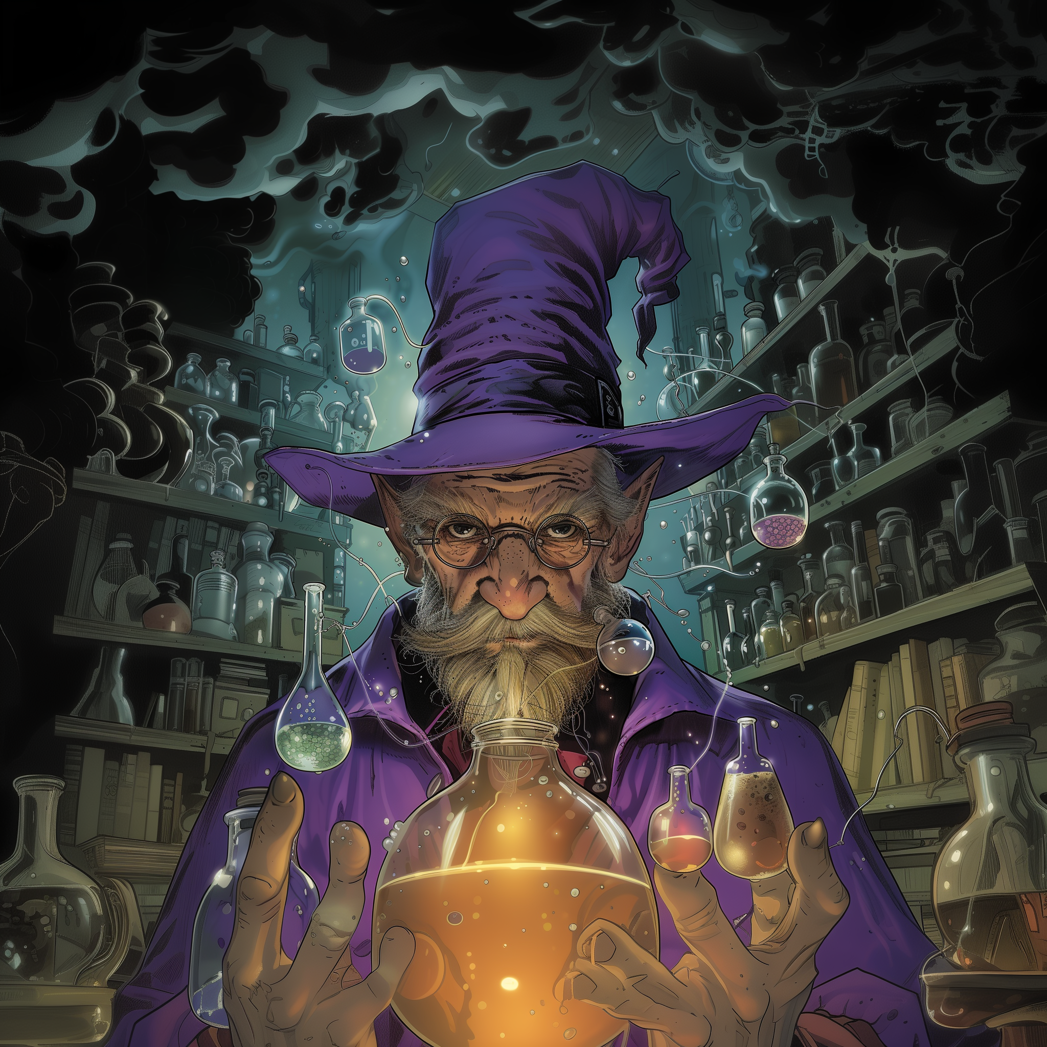 Ghost Town Seedsin etusivun mainoskuva; viisas velho purppuraisessa hatussa laboratoriossa tutkimassa lasipulloja ja hohtavia nesteitä; laadukkaat huumetestit, puhtaustestit ja pikatestit laadun varmistamiseen.