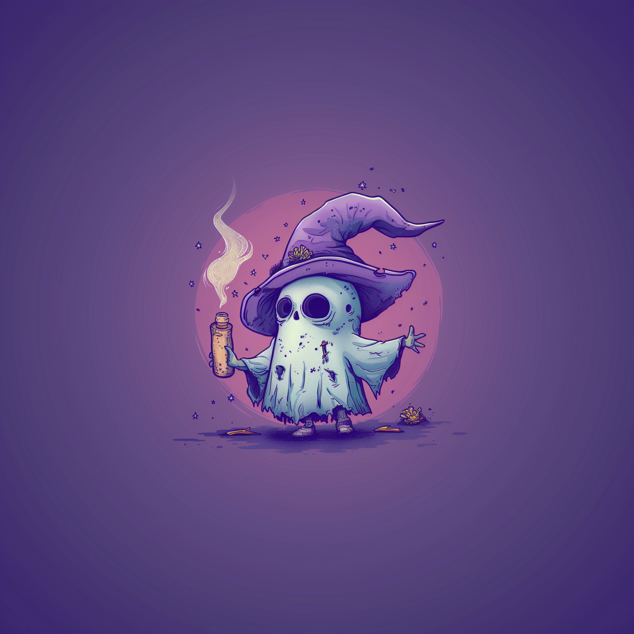 Kuvituskuva pienestä haamusta purppurassa velhon hatussa pitelemässä jointtituubia; tyylikkäät jointtikotelot ja suojatuubit kääreiden sekä savukkeiden säilytykseen.