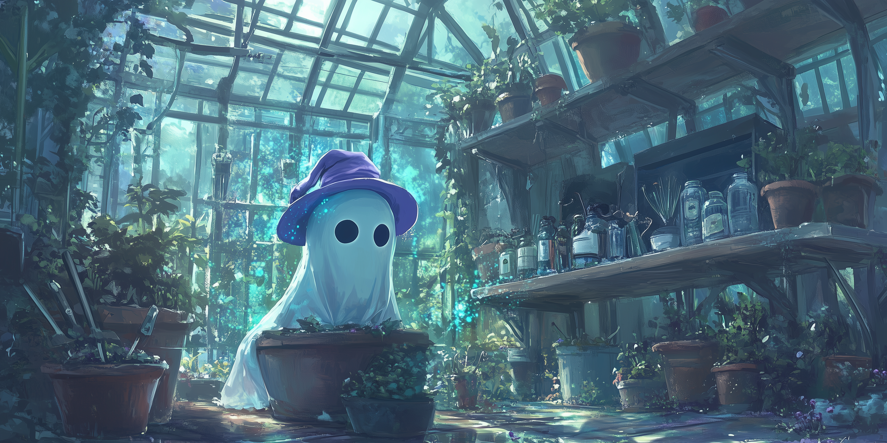 Kuvituskuva haamuhahmosta purppuraisessa velhon hatussa suuressa lasisessa kasvihuoneessa kasvien ympäröimänä; laaja valikoima sisäkasvatustarvikkeita, ruukkuja ja ravinteita.
