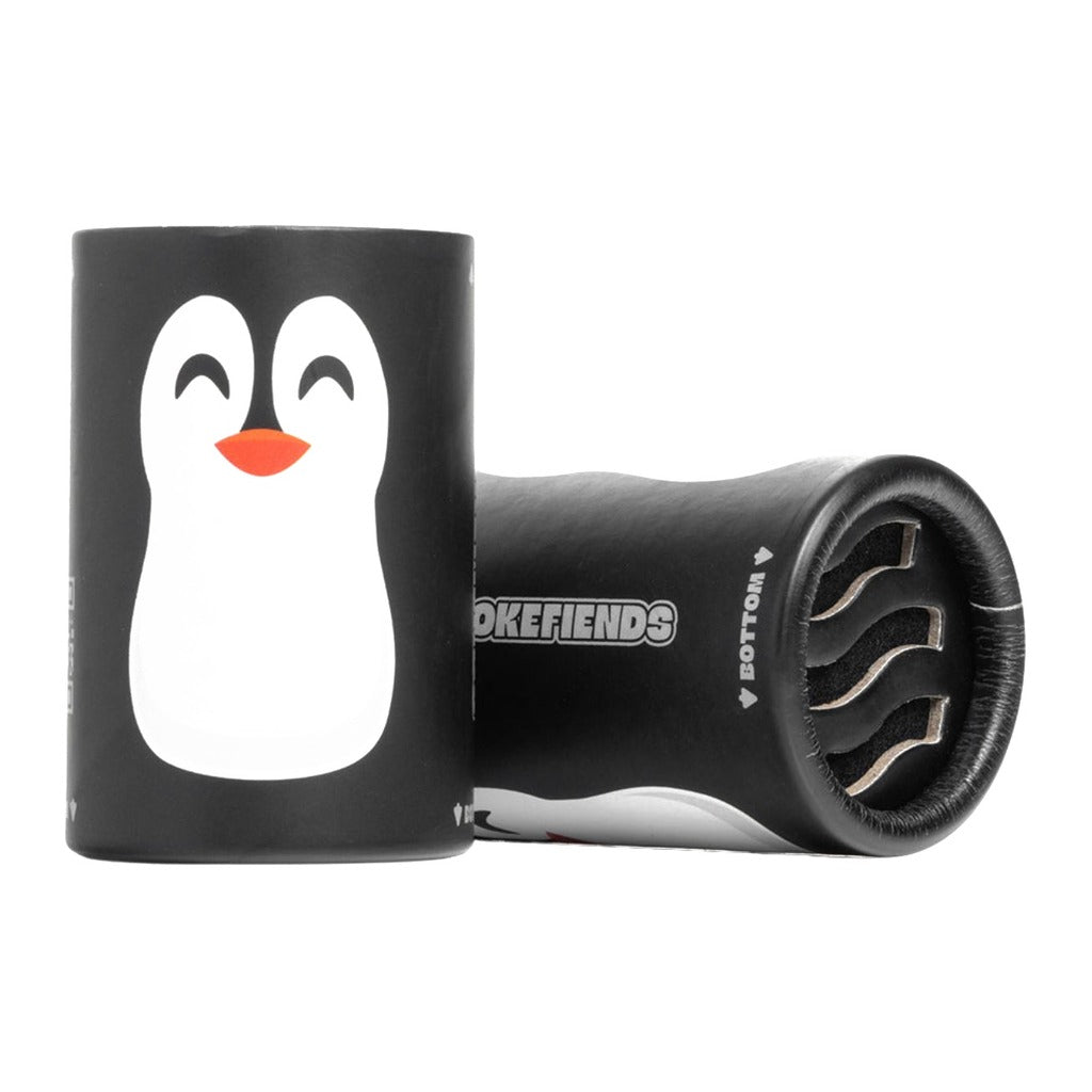 Two black Smoke Fiends filter sleeves with a penguin design
