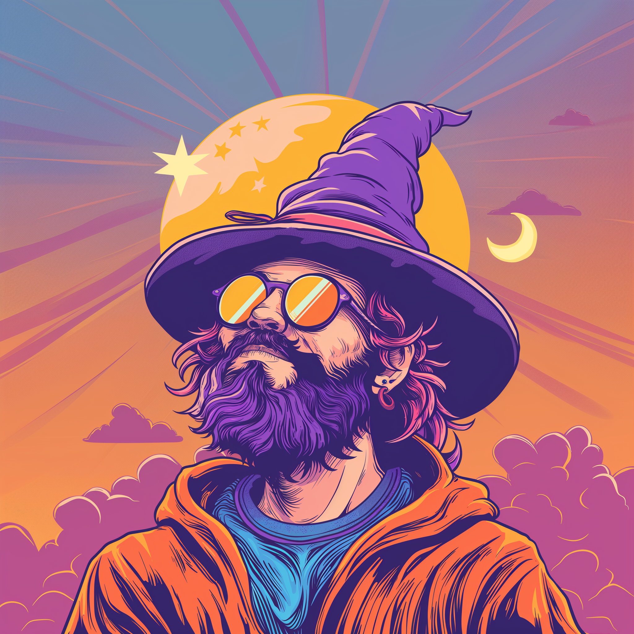 Värikäs ja tyylitelty kuvituskuva aurinkolaseja käyttävästä velhosta auringonlaskussa; esittelee valikoiman bluntteja, hamppukääreitä ja nikotiinittomia hemp wrap -tuotteita.