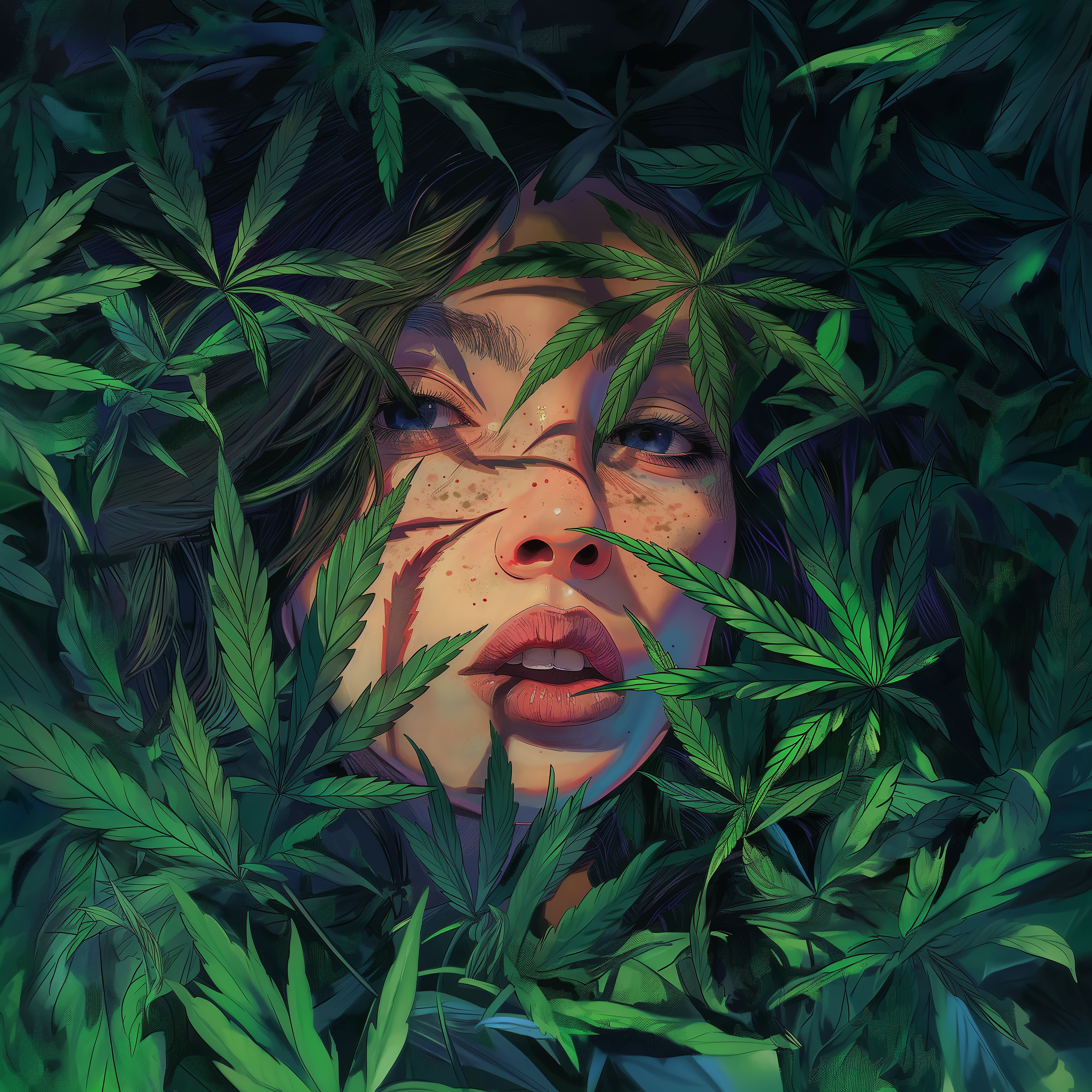 Taiteellinen kuva hamppukasvien lehtien ympäröimistä kasvoista; esittelee CBD-kosmetiikkatuotteita, kuten seerumeita, voiteita ja öljyjä luonnolliseen ihonhoitoon.