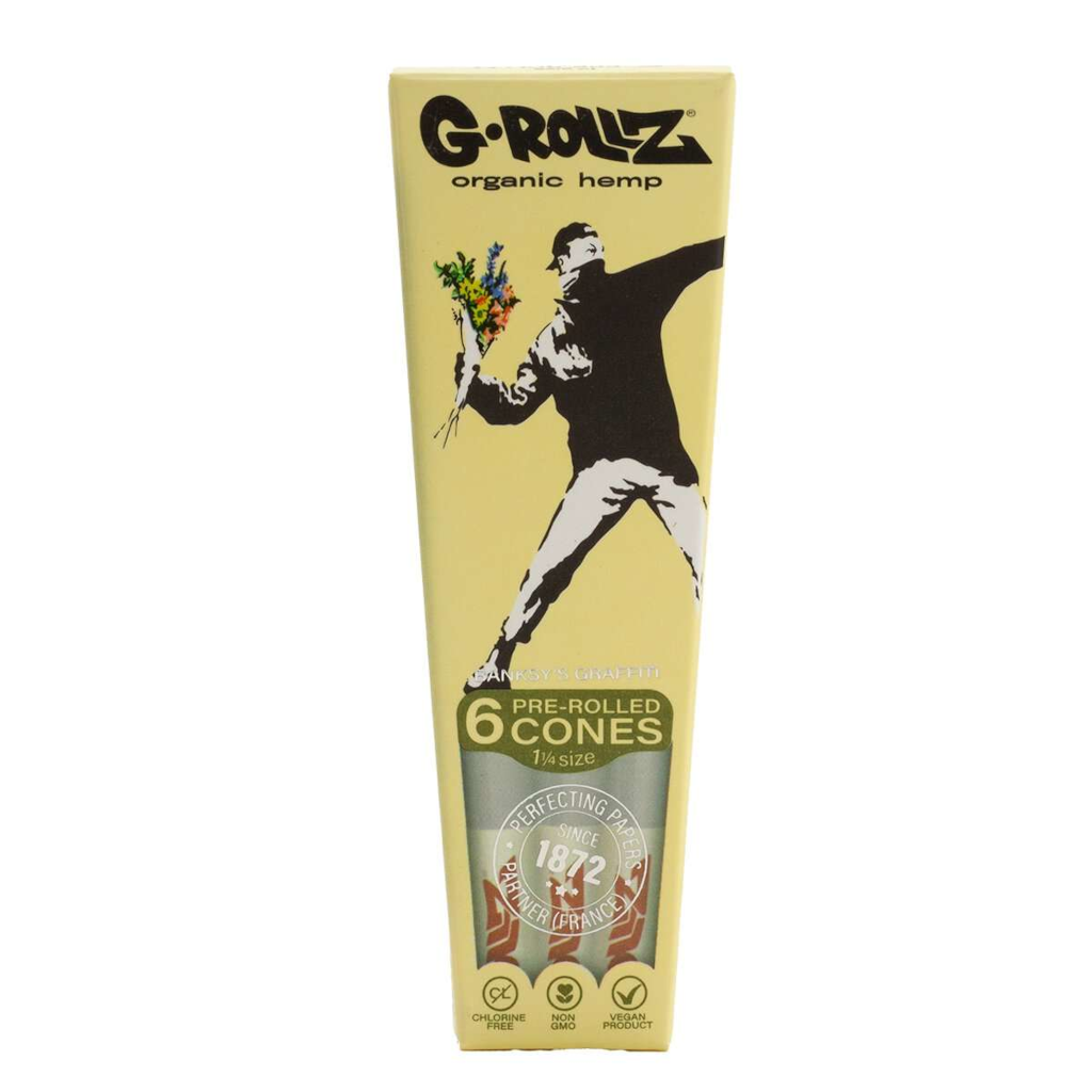 G-Rollz - Banksy’s Graffiti ’Flower Thrower’ Organic Hemp Lyhyet 1-1/4 Conet 6Kpl