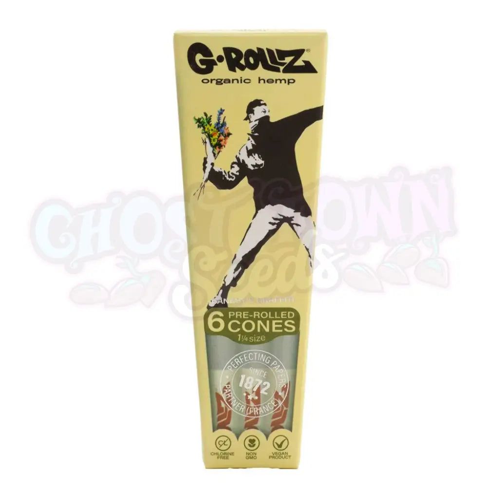 G-Rollz - Banksy’s Graffiti ’Flower Thrower’ Organic Hemp Lyhyet 1-1/4 Conet 6Kpl