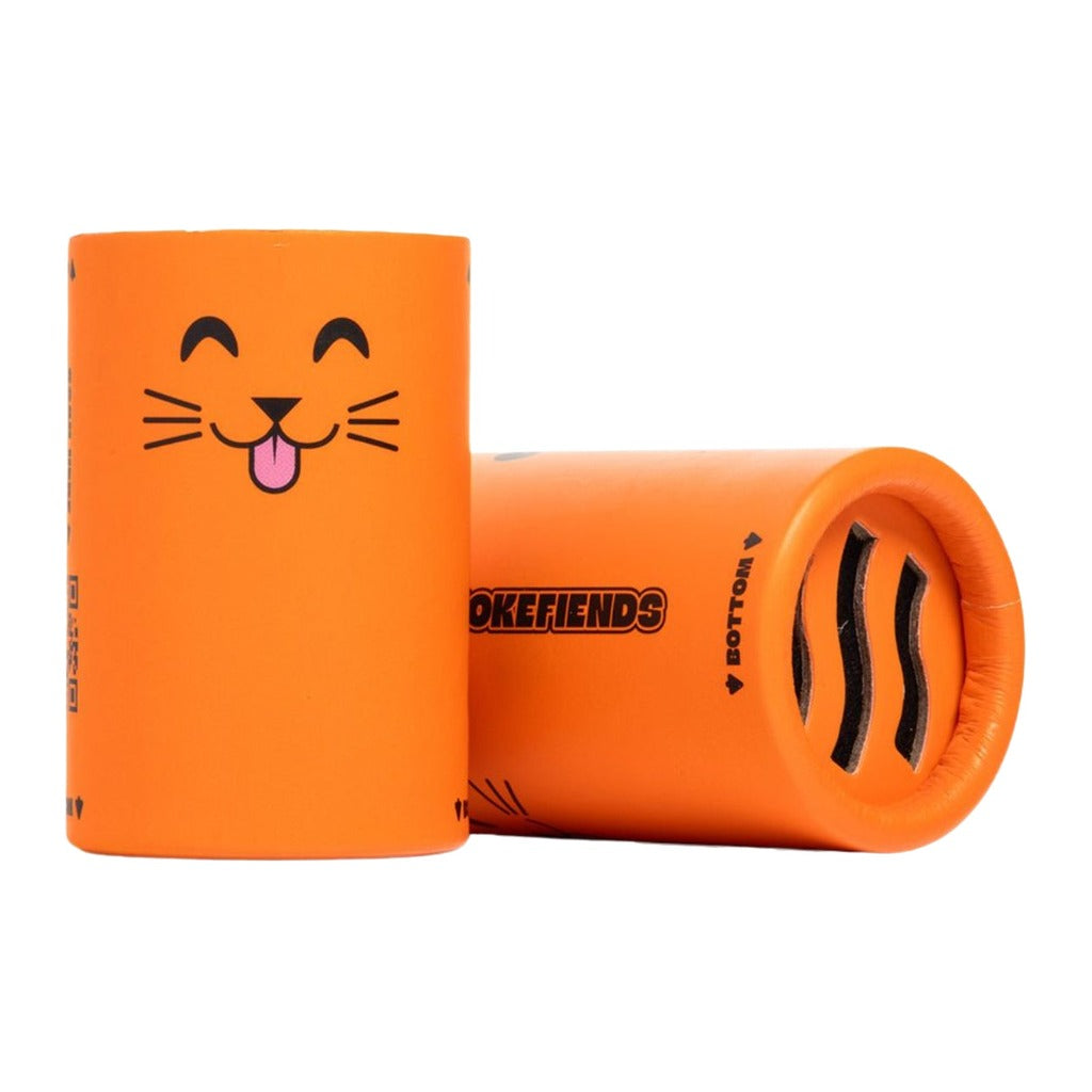 Two orange Smoke Fiends filter sleeves, one with a wave pattern on the end