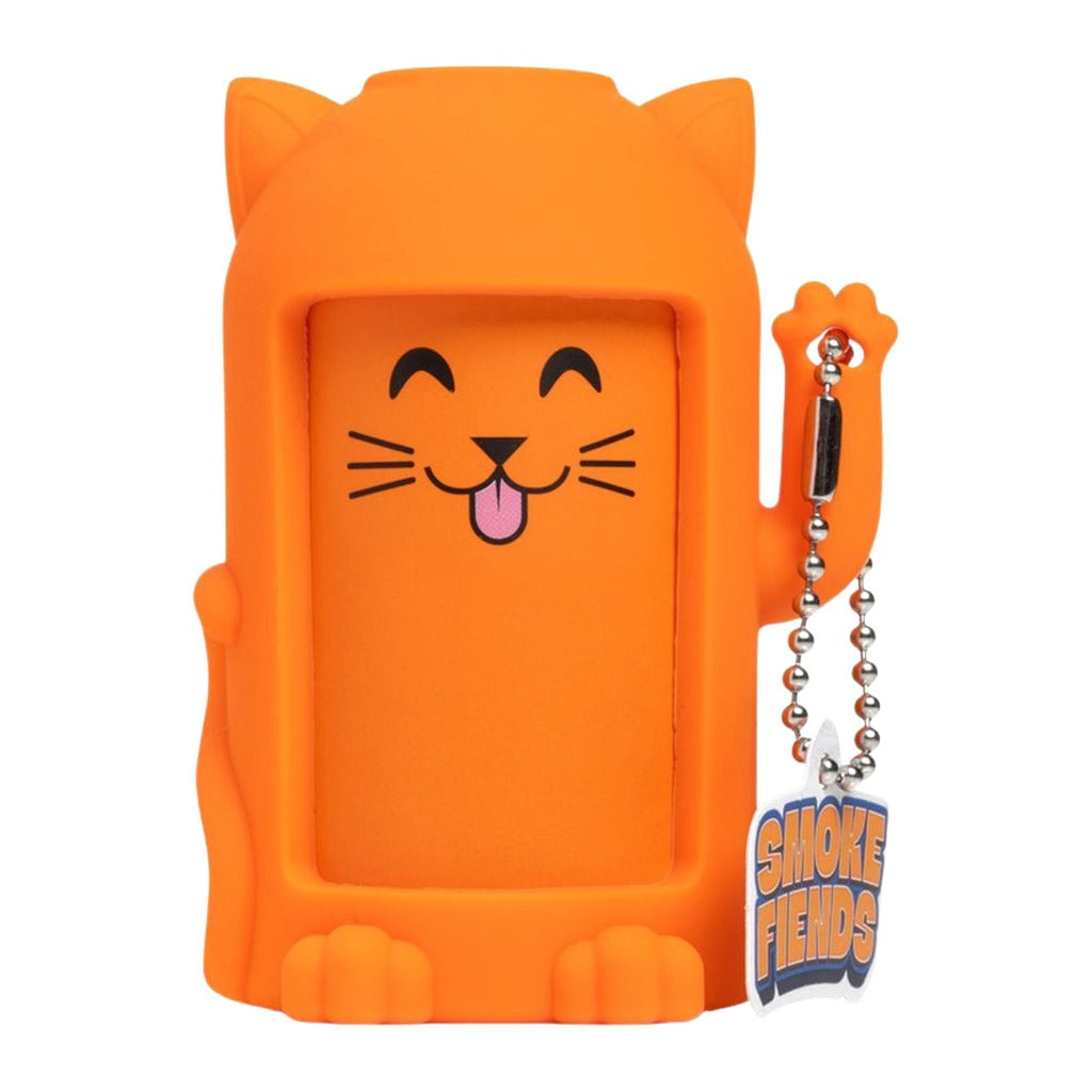 Smoke Fiends Catnip The Kitten air filter, orange cat-shaped silicone body, front view