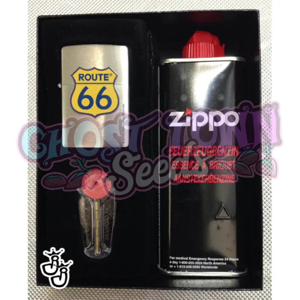 Zippo - Route 66 Sytytin + Piikivet Bensa Lahjarasia Sytyttimet